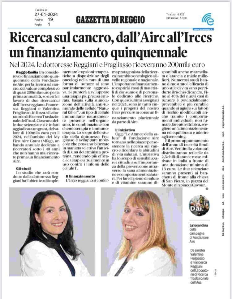 immagine Gazzetta di Reggio sul finanziamento airc e irccs